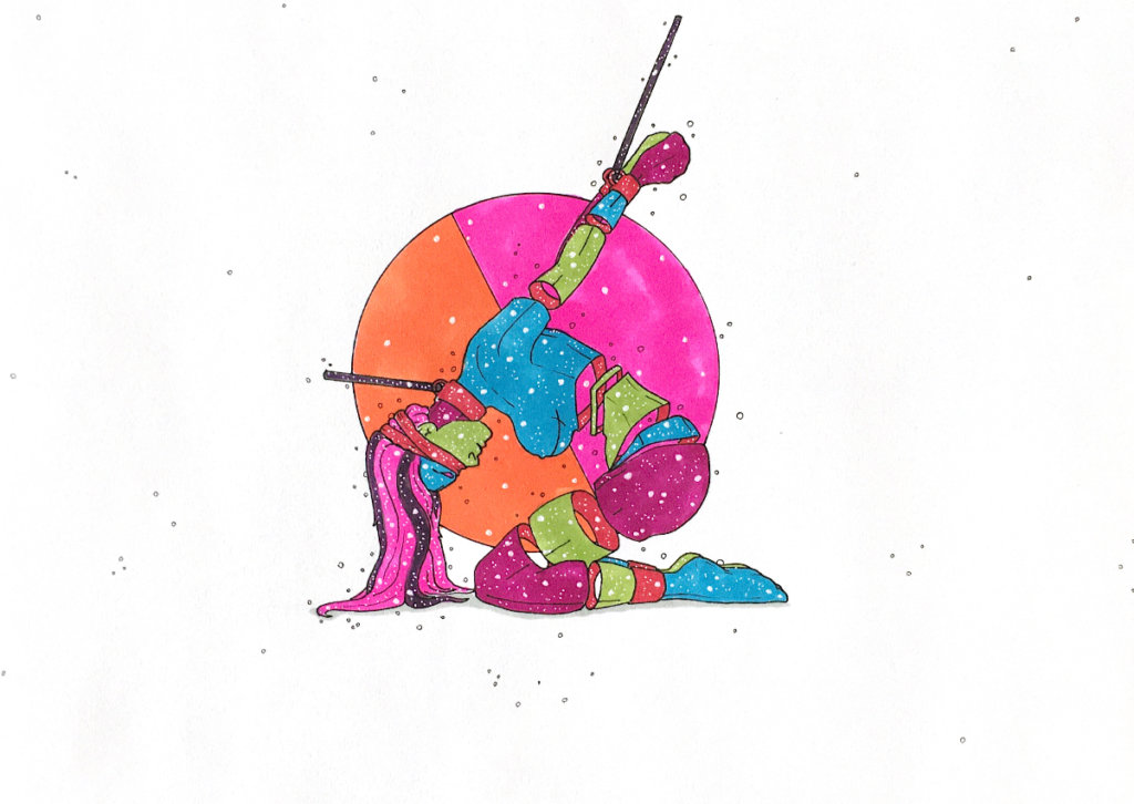 color drawing of a person tied up with their arms stretched up over their back