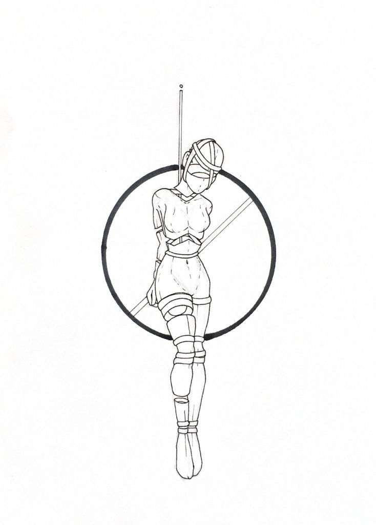 WIP drawing of a person suspended from the air in bondage by their waist