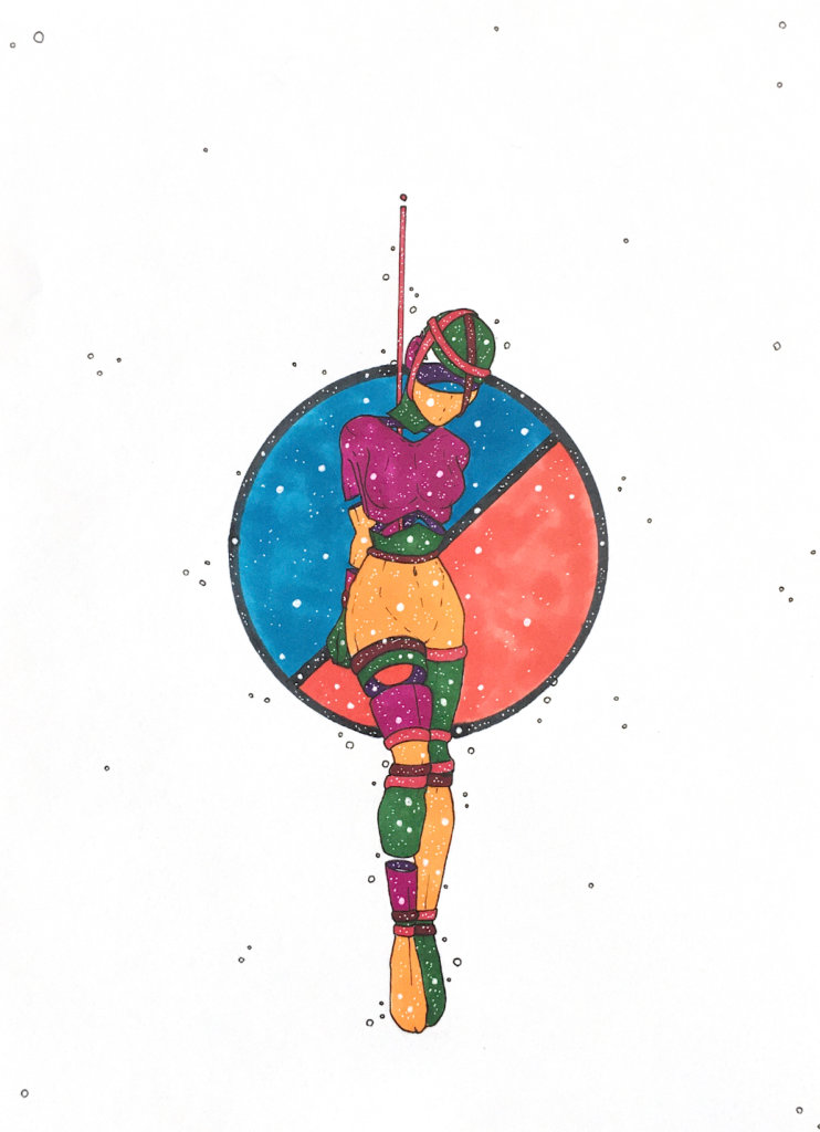 color drawing of a person suspended from the air in bondage by their waist
