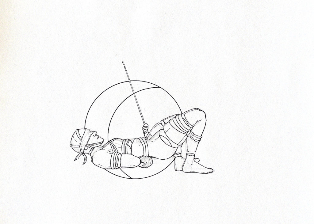 WIP drawing of a person bound up and rope tied around their penis