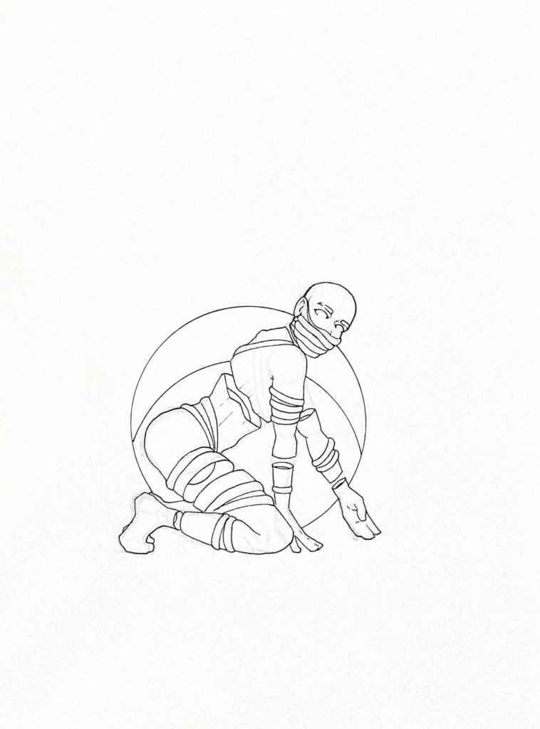 WIP drawing of a person kneeling on the ground bound in latex and rope