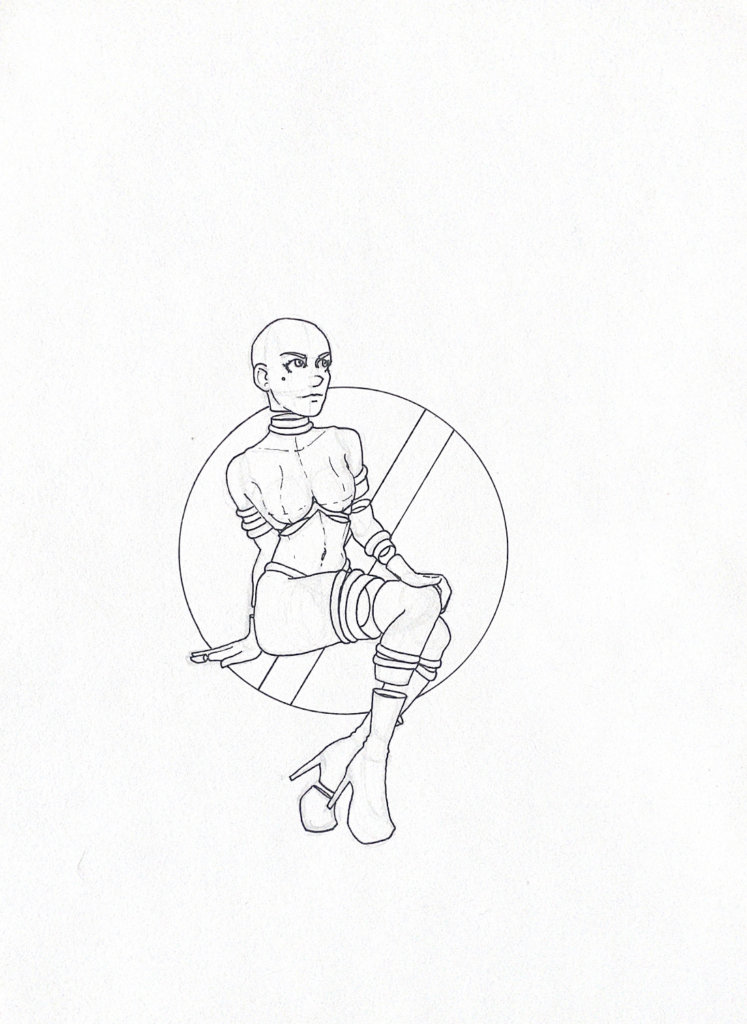 WIP drawing of a seated person with amputations, in bondage