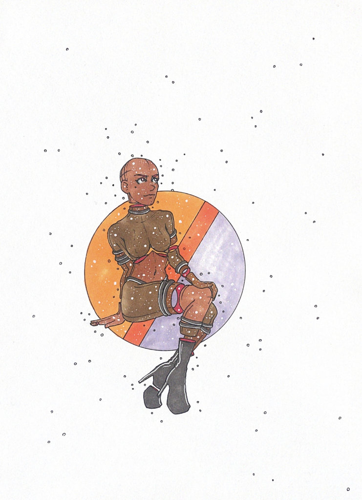 color drawing of a seated person with amputations, in bondage