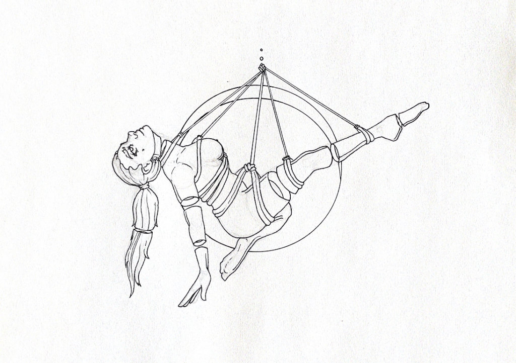 WIP drawing of a person suspended in shibari