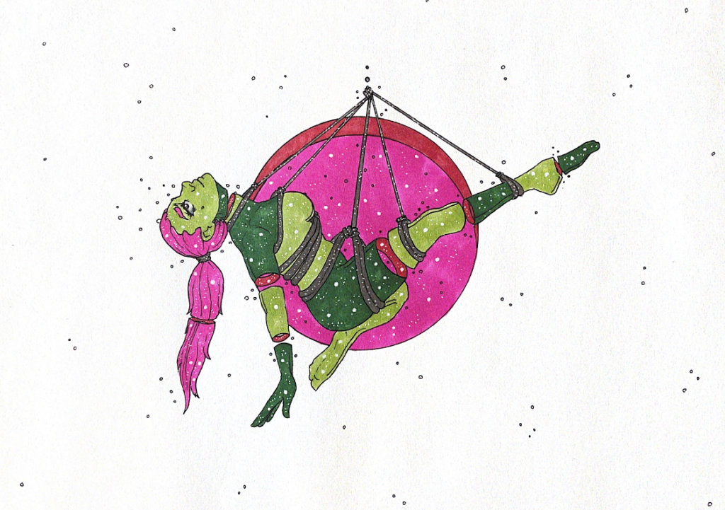color drawing of a person suspended in shibari