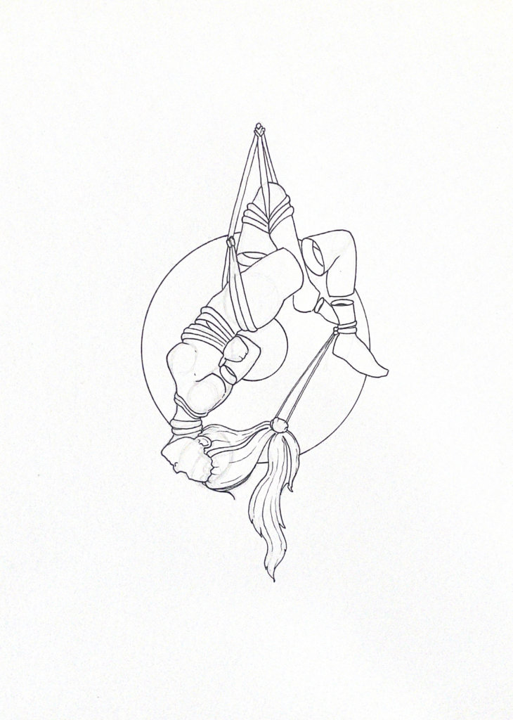 WIP drawing of a person suspended upside down by shibari