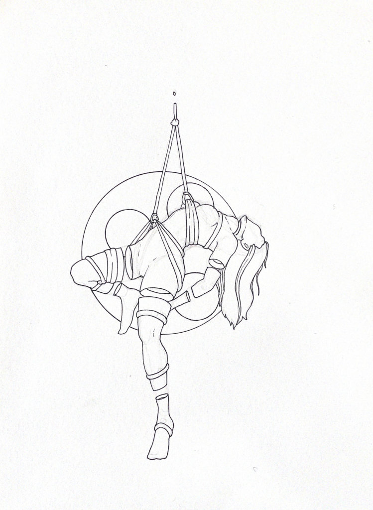 WIP drawing of a person suspended in shibari with long hair