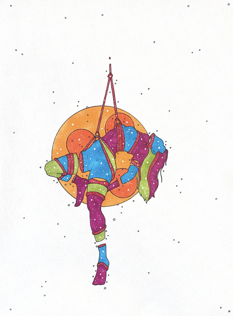 color drawing of a person suspended in shibari with long hair