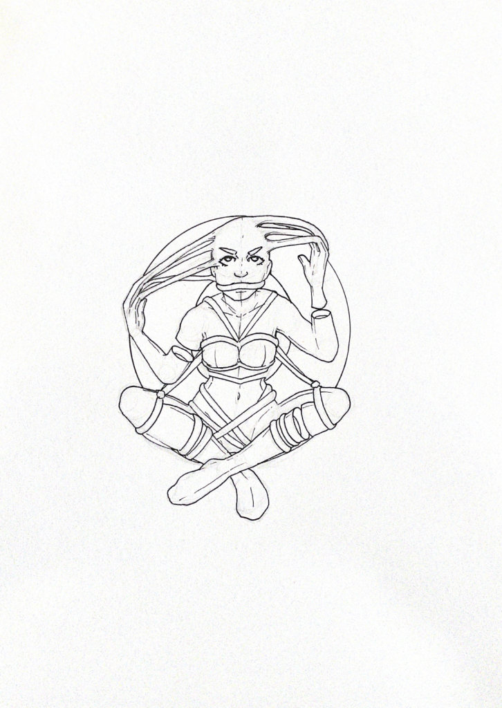 WIP drawing of a person with their fingers connected to their skull