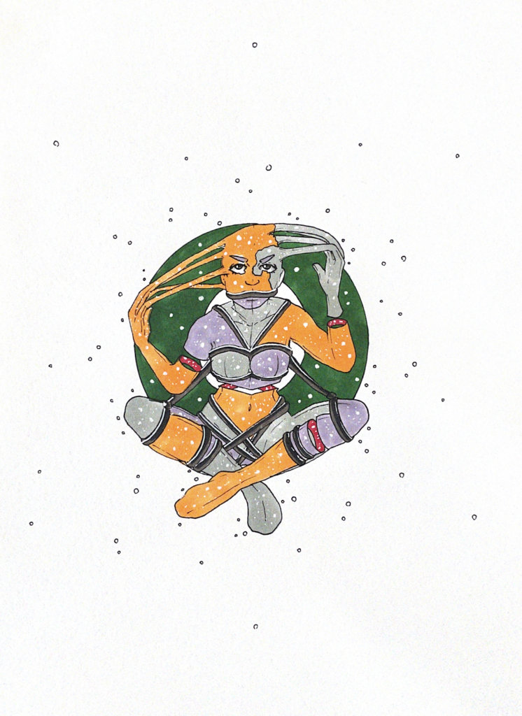 color drawing of a person with their fingers connected to their skull