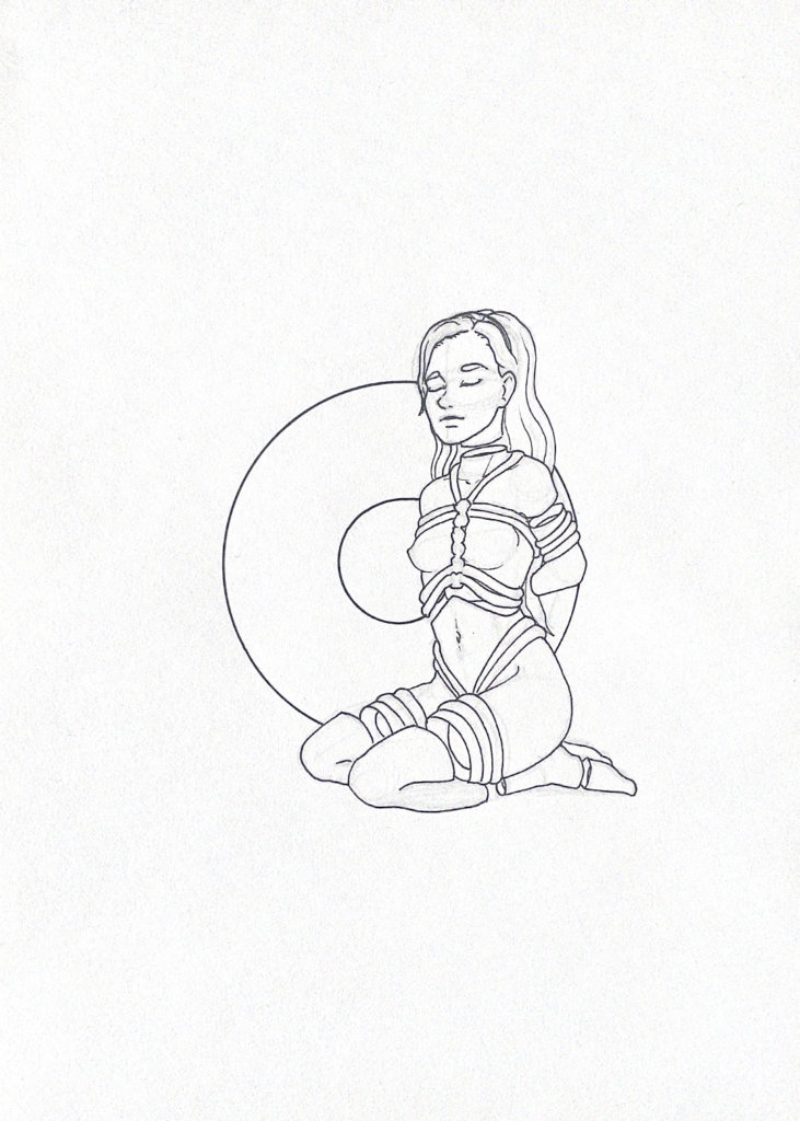 WIP drawing of a kneeling person in bondage