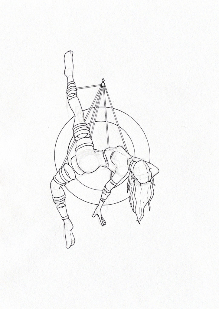 WIP drawing of a nude person with long hair bound upside down in shibari bondage