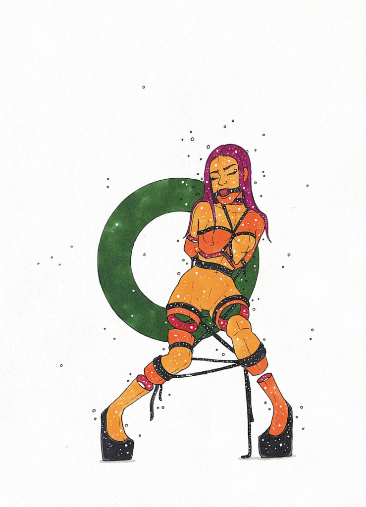 color Drawing of a person in heels with bondage and a ball gag