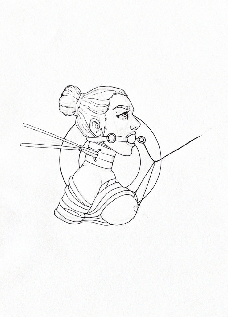 WIP drawing of a person bound up in bondage, ball gag, and choker