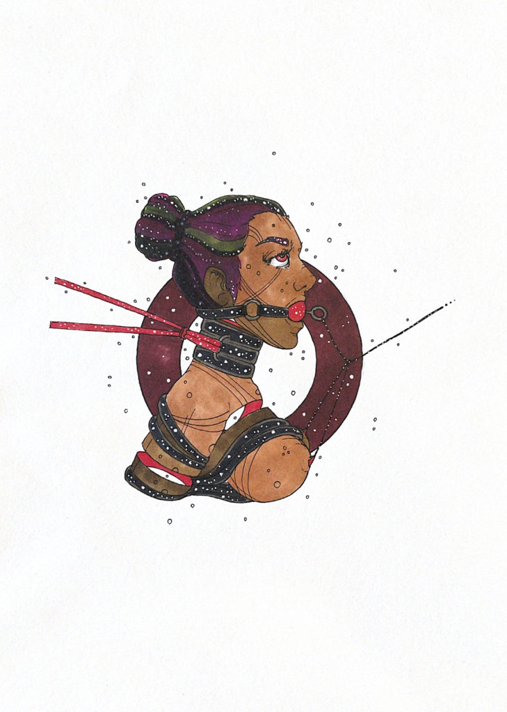 color drawing of a person bound up in bondage, ball gag, and choker