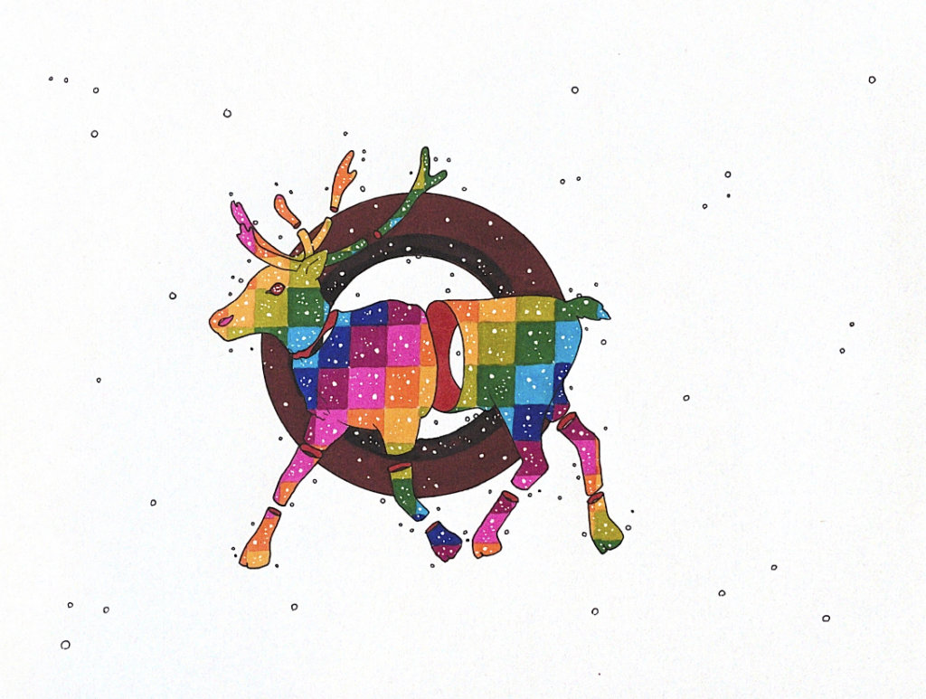color drawing of a trotting reindeer