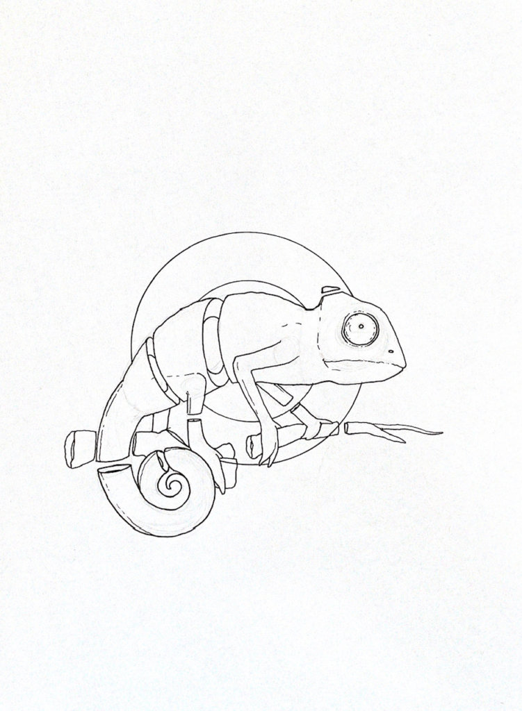 WIP drawing of a chameleon