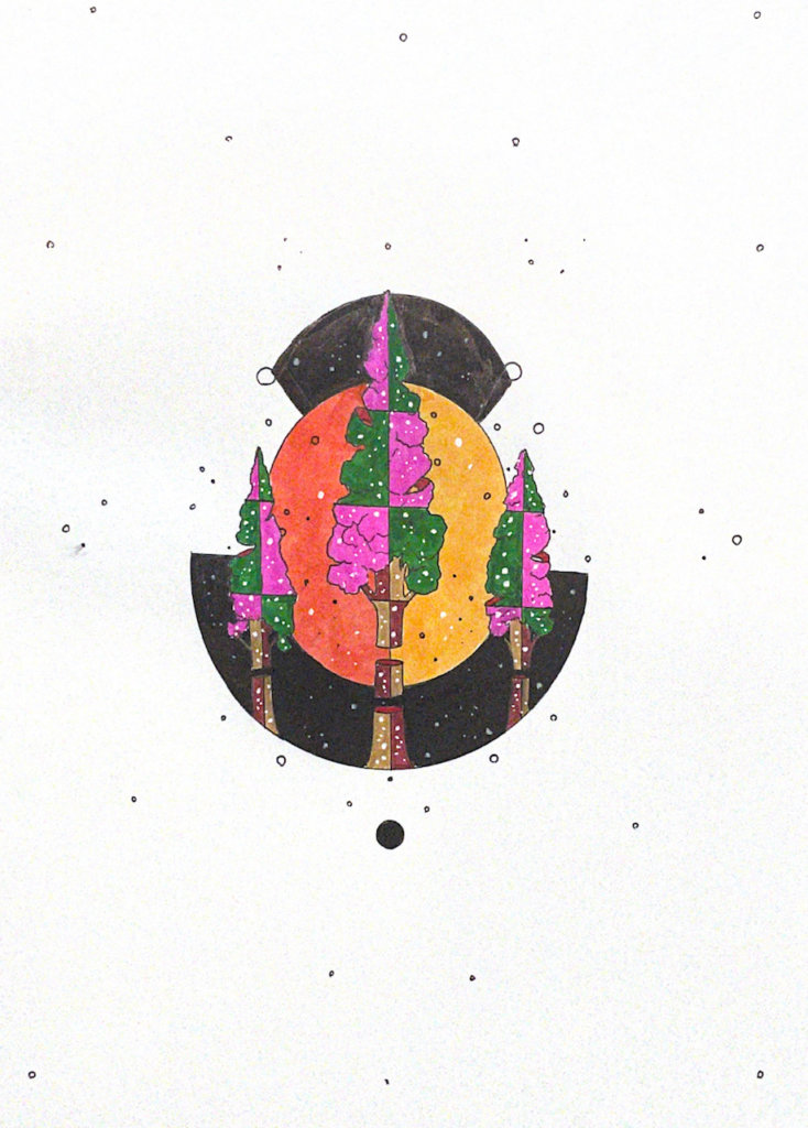 color illustration of three boreal trees