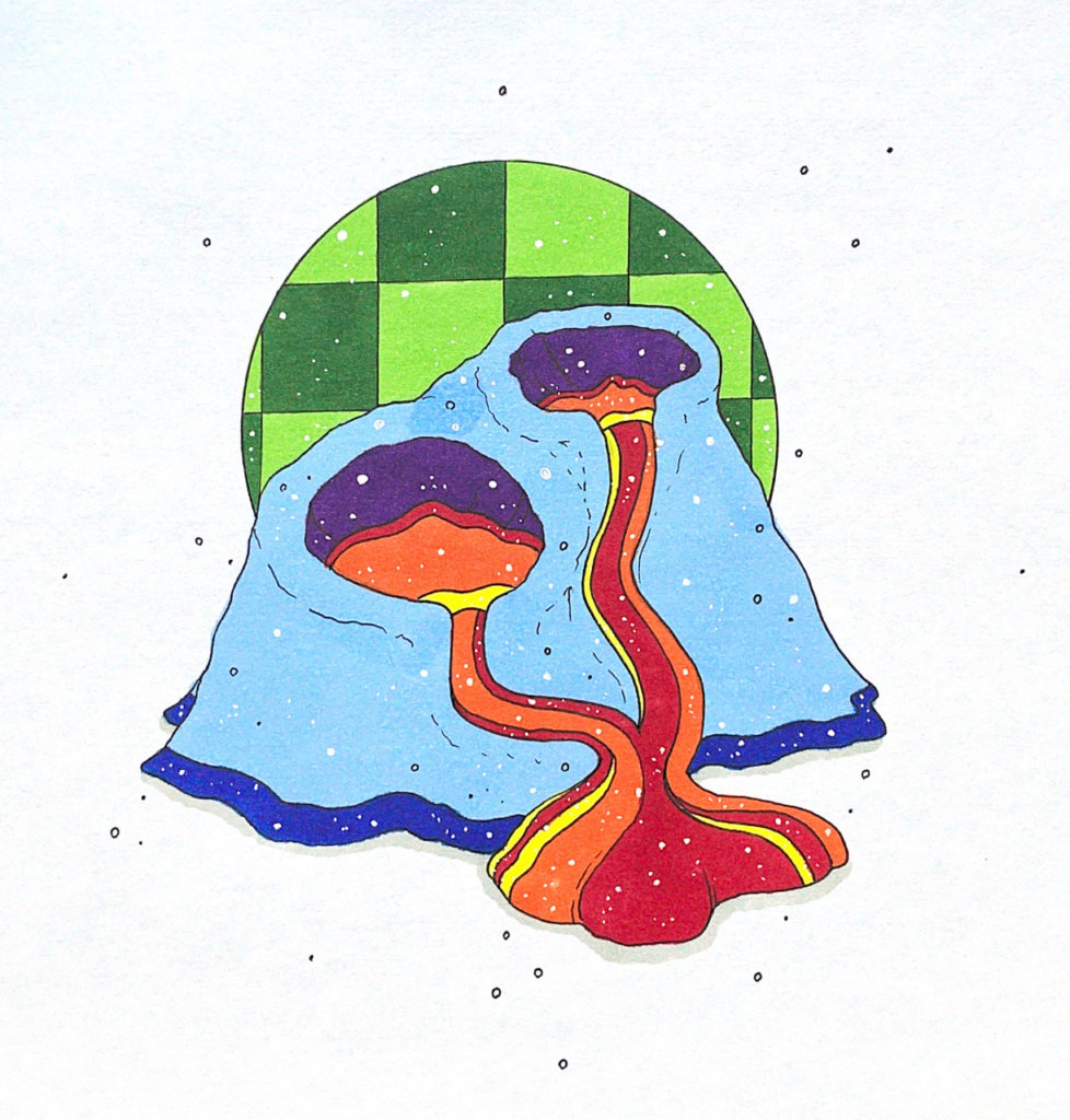 color illustration of a volcano