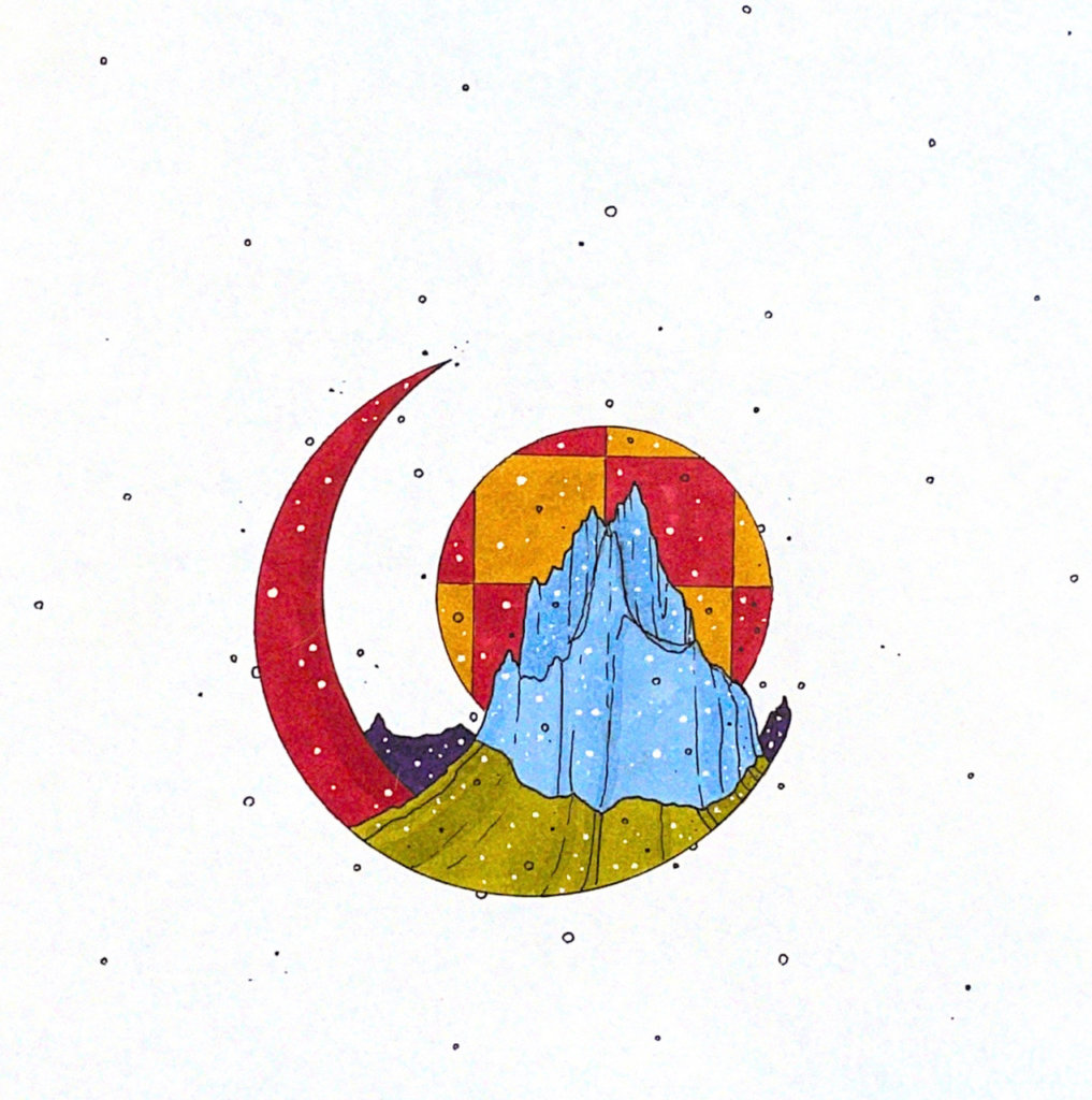 color illustration of a mountain on another planet