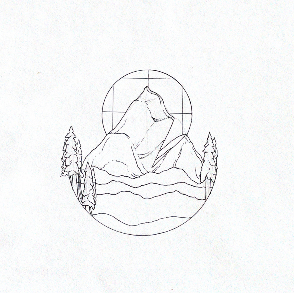 WIP drawing of a mountain and some trees
