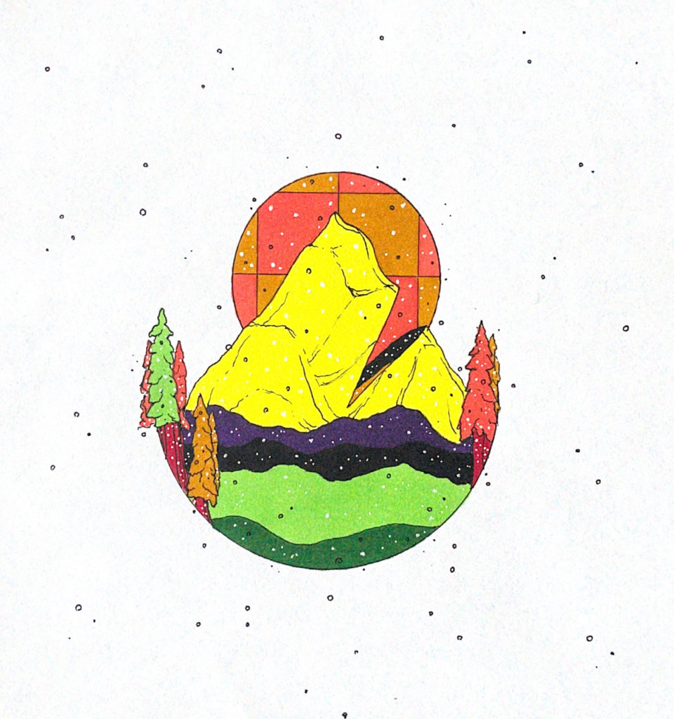 color drawing of a mountain and some trees