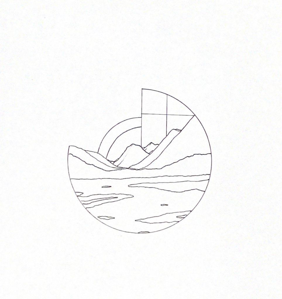 WIP illustration of a mountain and forests