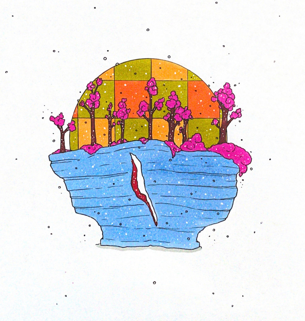 color illustration of a rock formation in the water