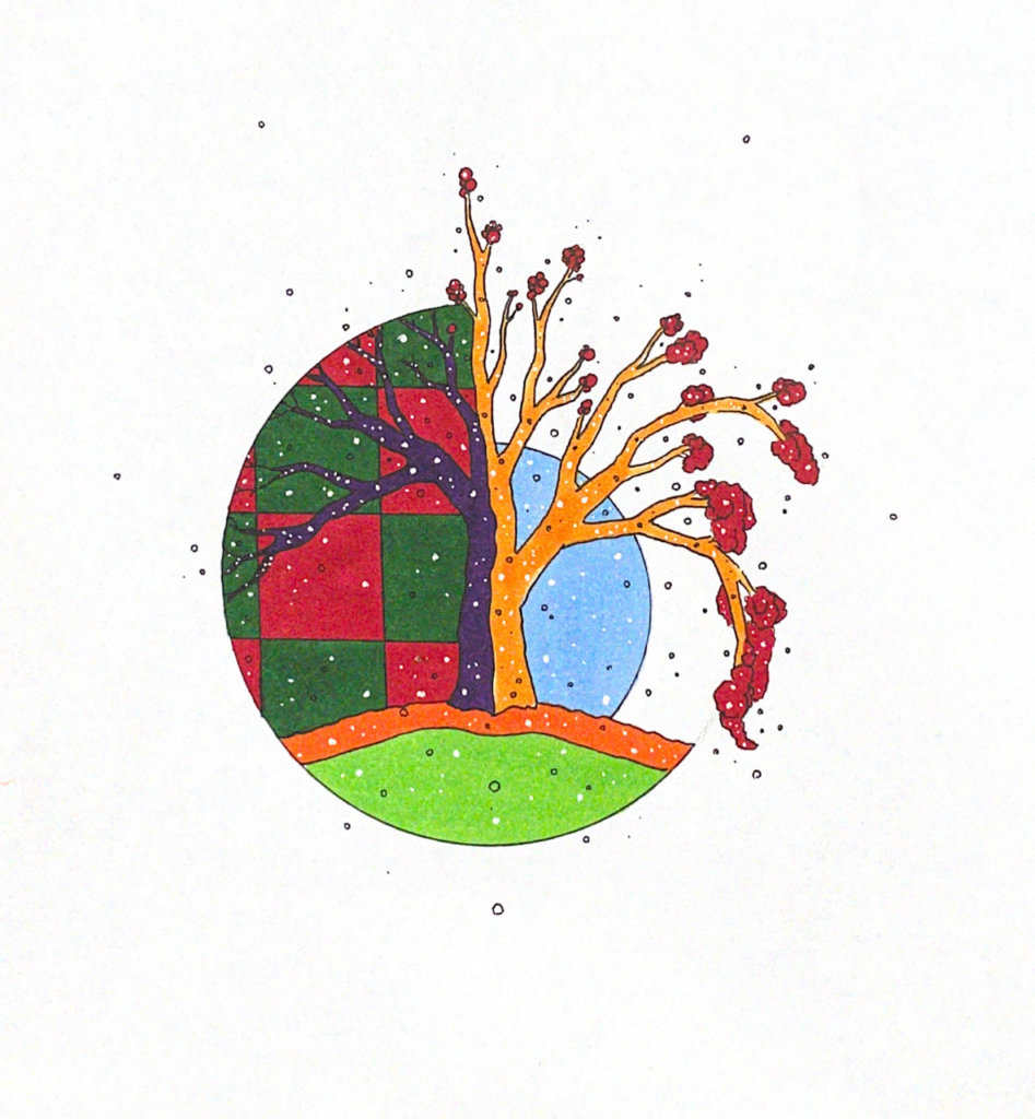 color illustration of a tree split down the middle