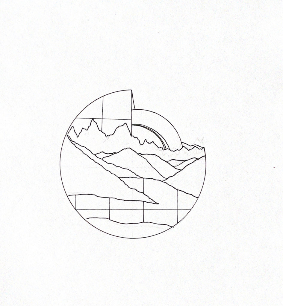 WIP illustration of a mountain range and sun