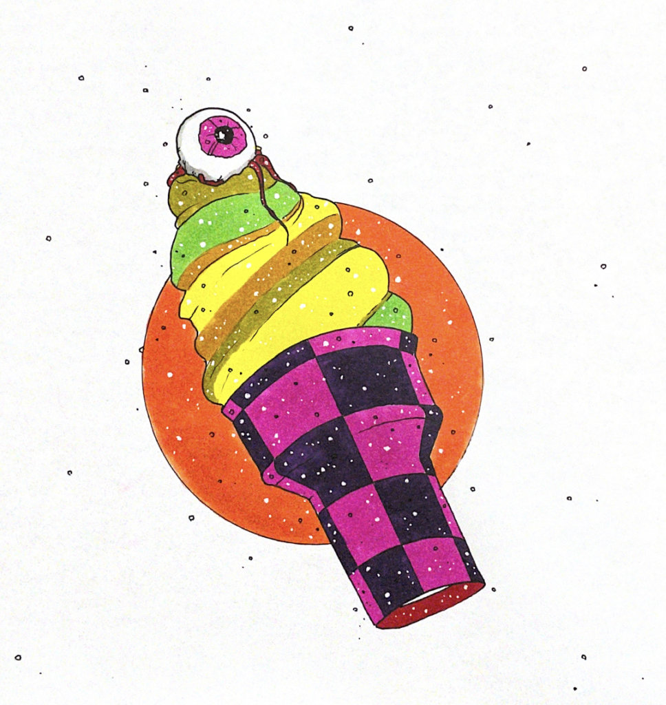 color illustration of an ice cream cone with an eyeball