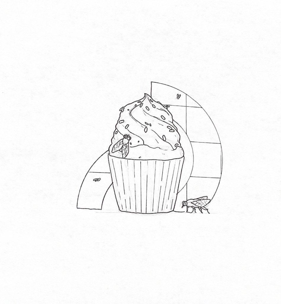 WIP illustration of some cupcakes with flies