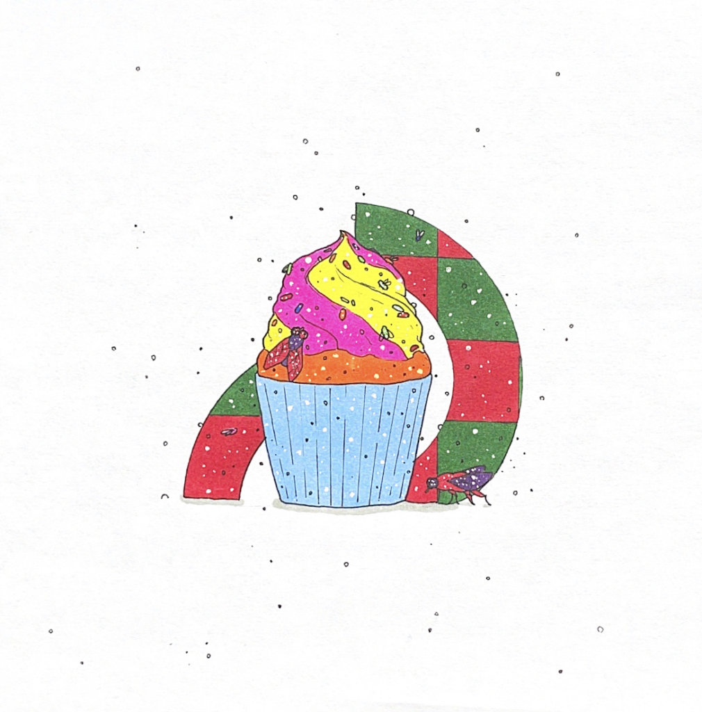 color illustration of some cupcakes with flies