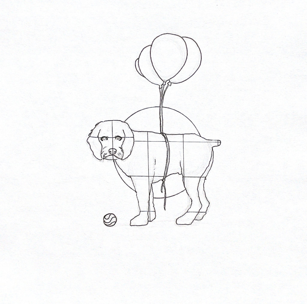 WIP illustration of a dog with balloons