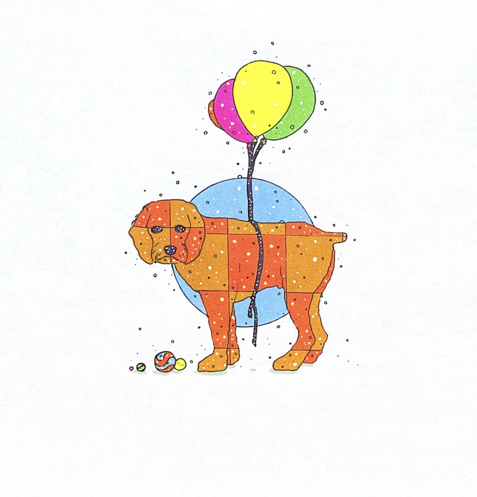 color illustration of a dog with balloons