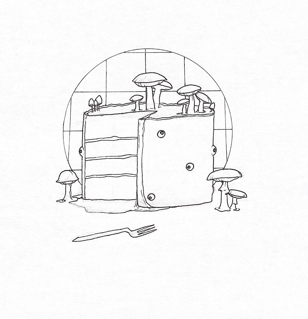 WIP illustration of a cake with googly eyes and mushrooms