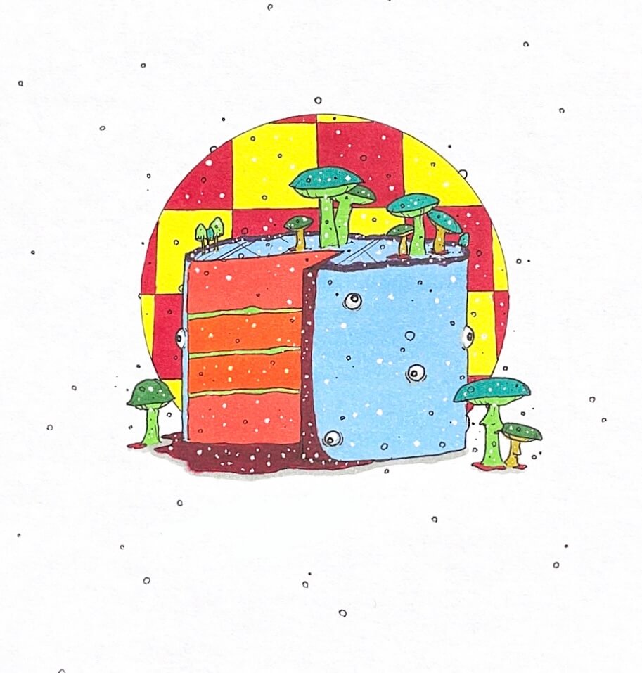 color illustration of a cake with googly eyes and mushrooms