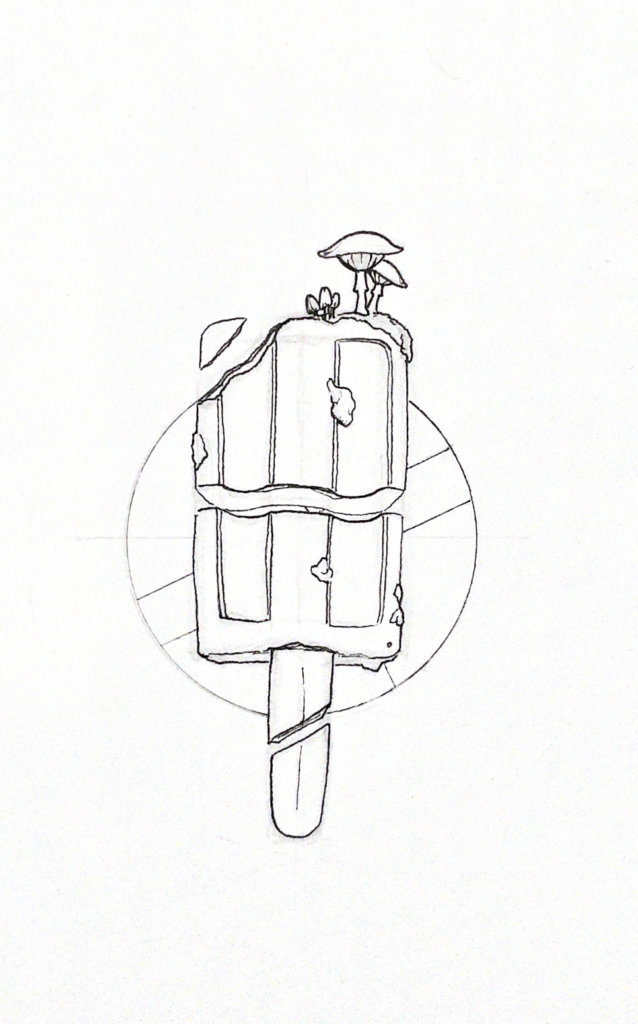 WIP illustration of an ice cream bar with mushrooms and fungus
