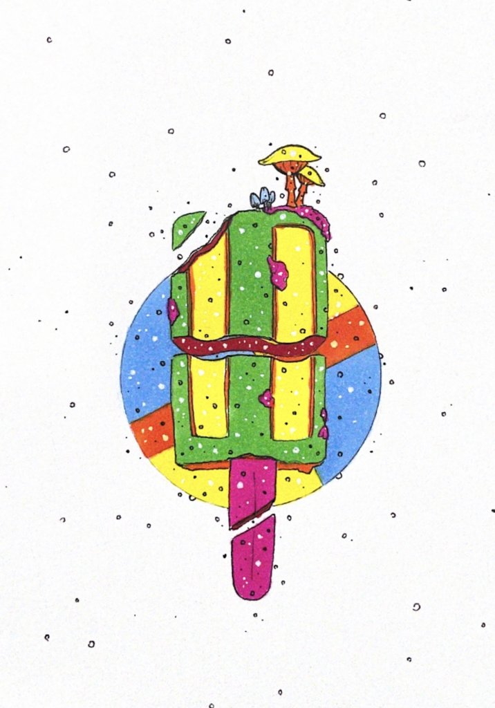 color illustration of an ice cream bar with mushrooms and fungus