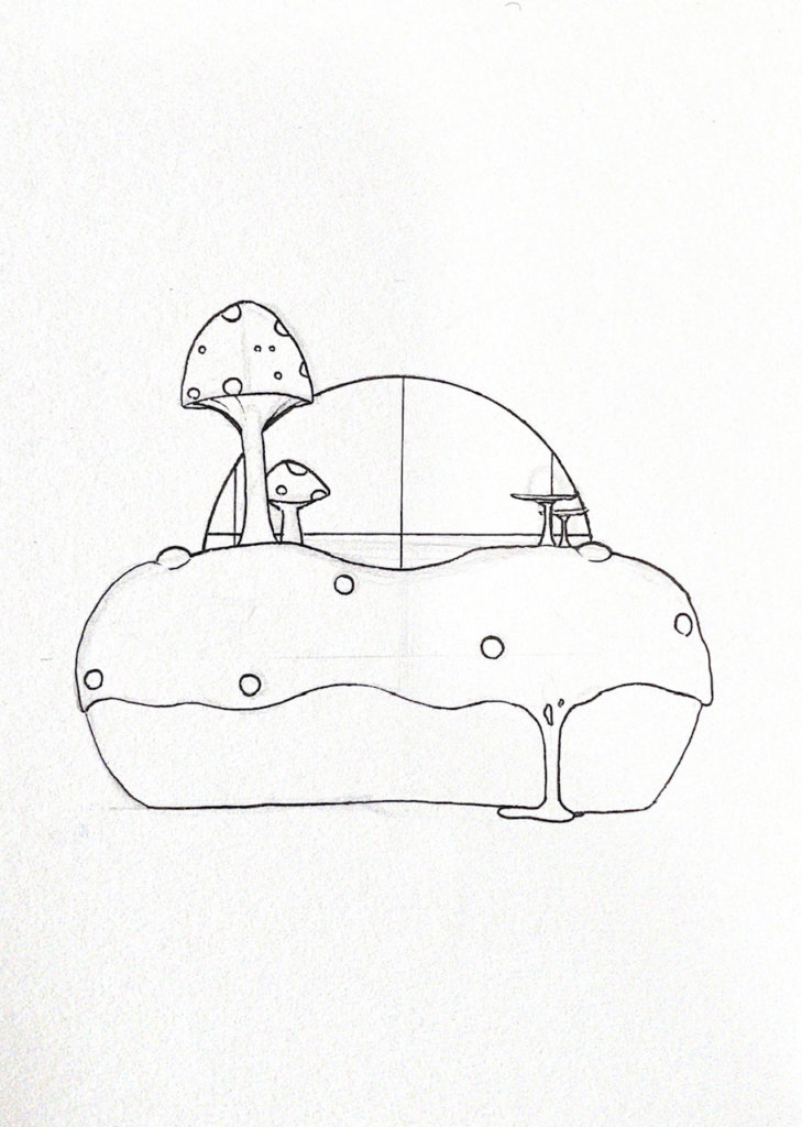 WIP illustration of a donut with mushrooms growing out of it
