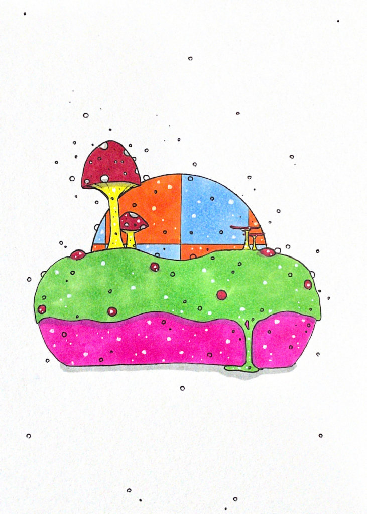 color illustration of a donut with mushrooms growing out of it