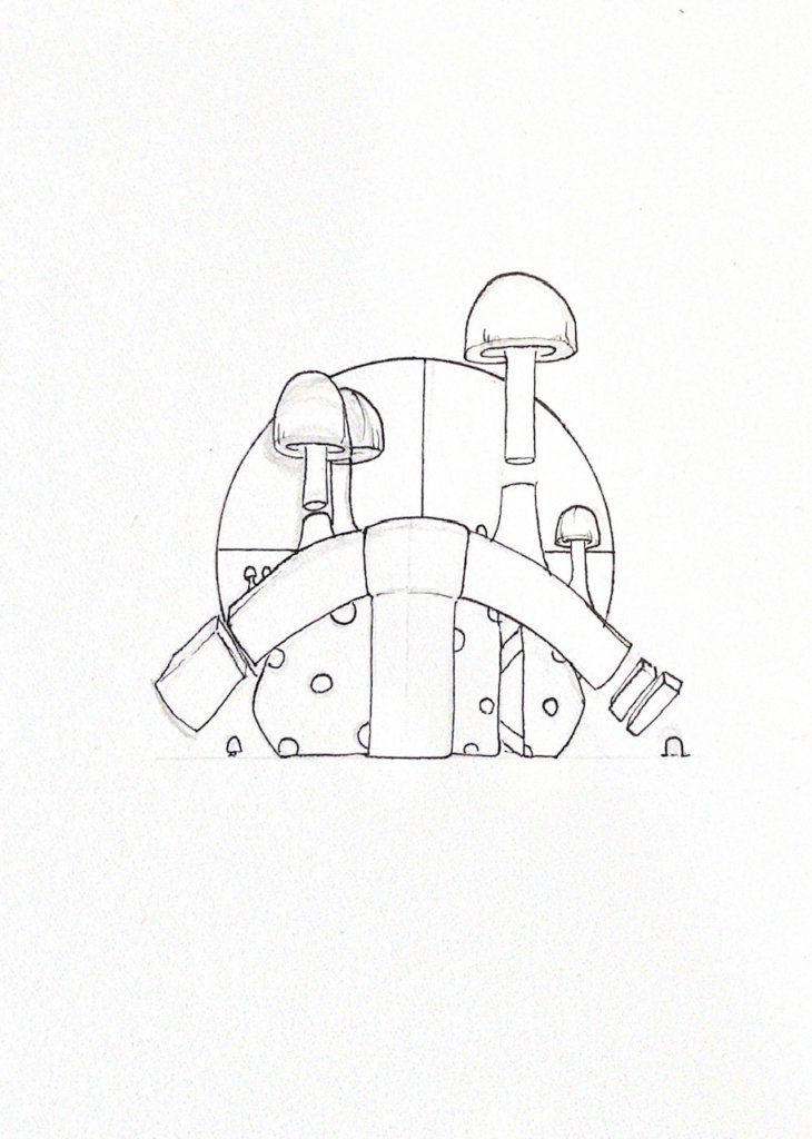 WIP drawing of a sushi roll with mushrooms