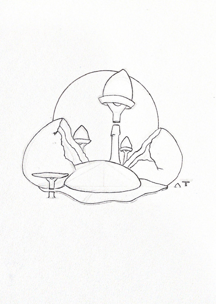 WIP illustration of a cracked egg and mushrooms