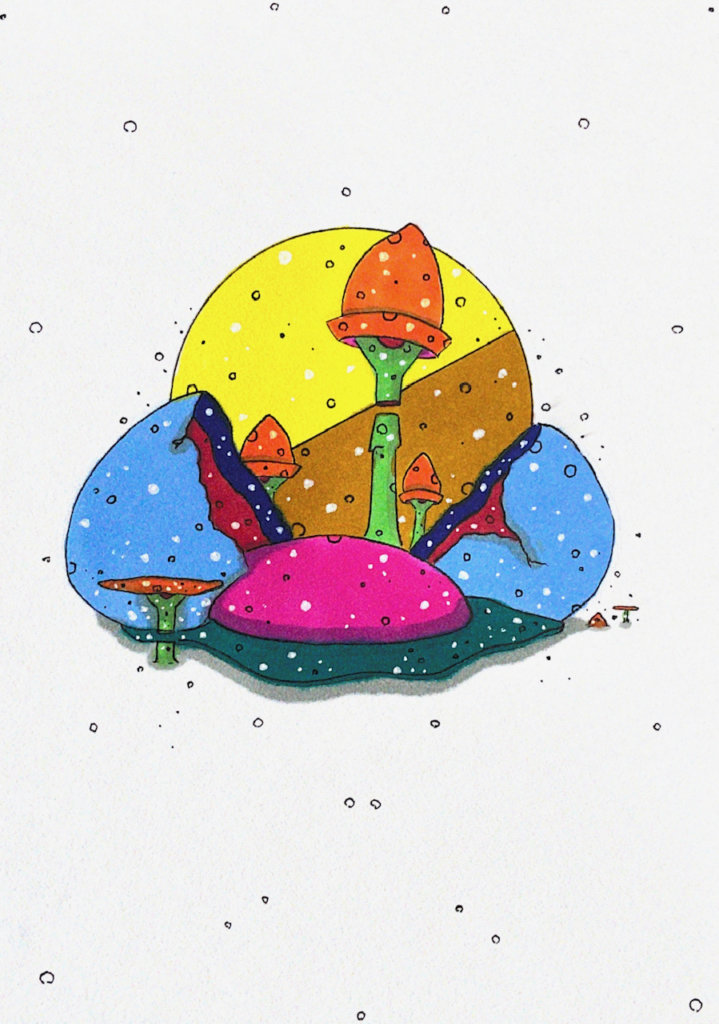 color illustration of a cracked egg and mushrooms