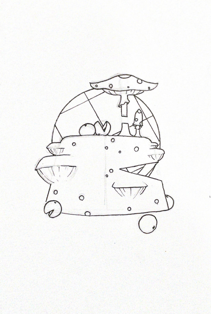 WIP illustration of a cake and different fungi