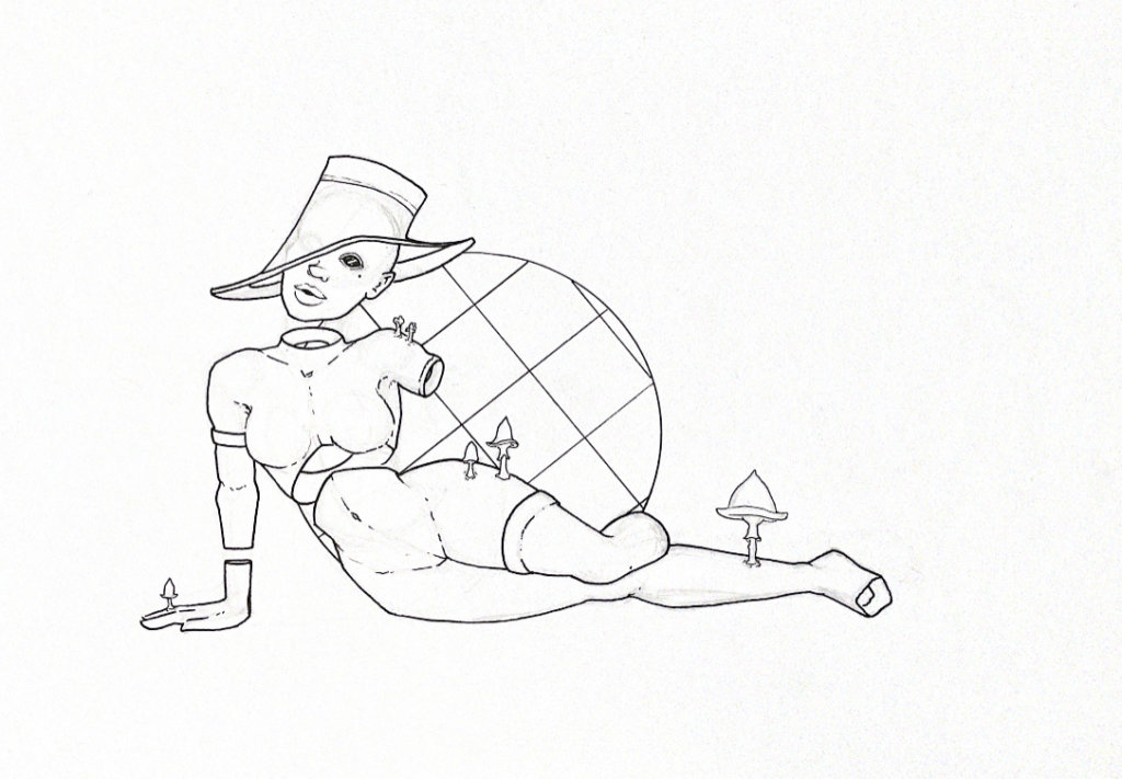 WIP illustration of a reclined person with mushrooms growing out of her