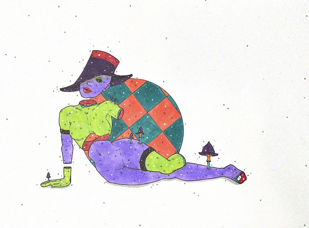 color illustration of a reclined person with mushrooms growing out of her