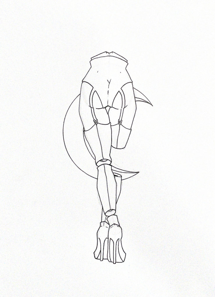 WIP illustration of somebody's lower half of body turned away from viewer