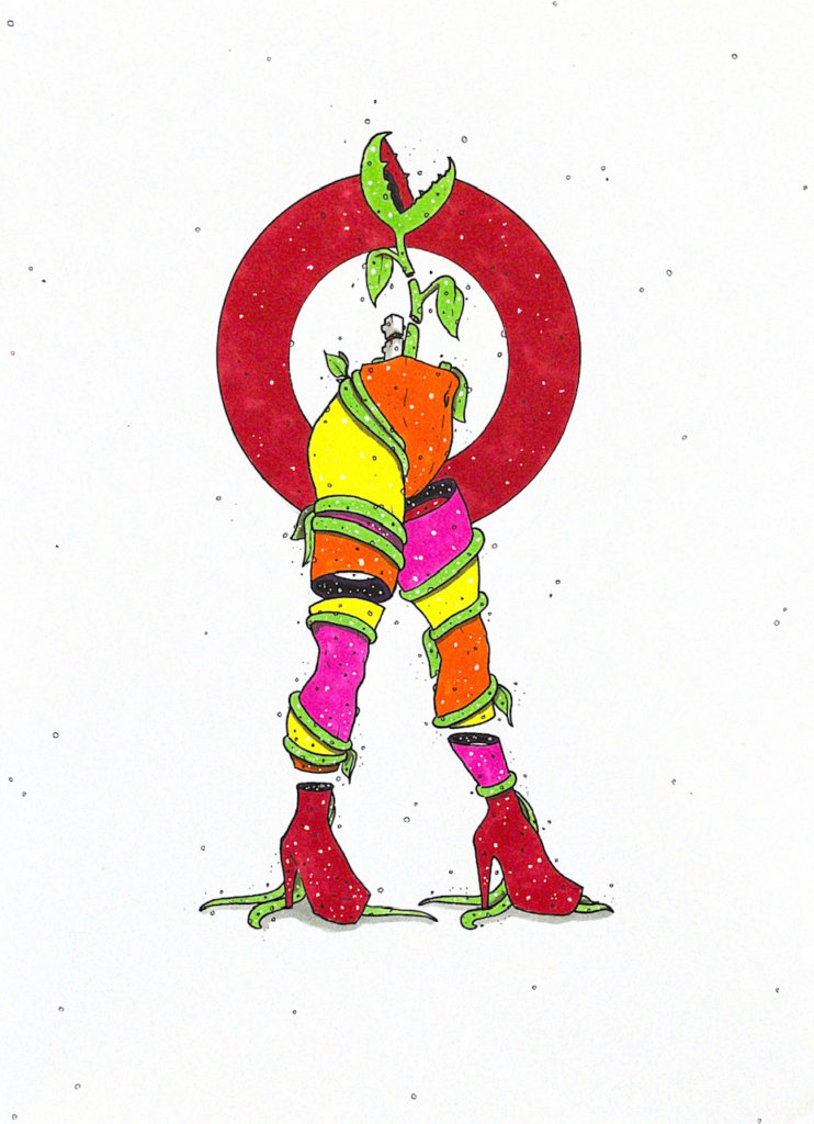 color illustration of a fly trap sprouting from somebody's hips