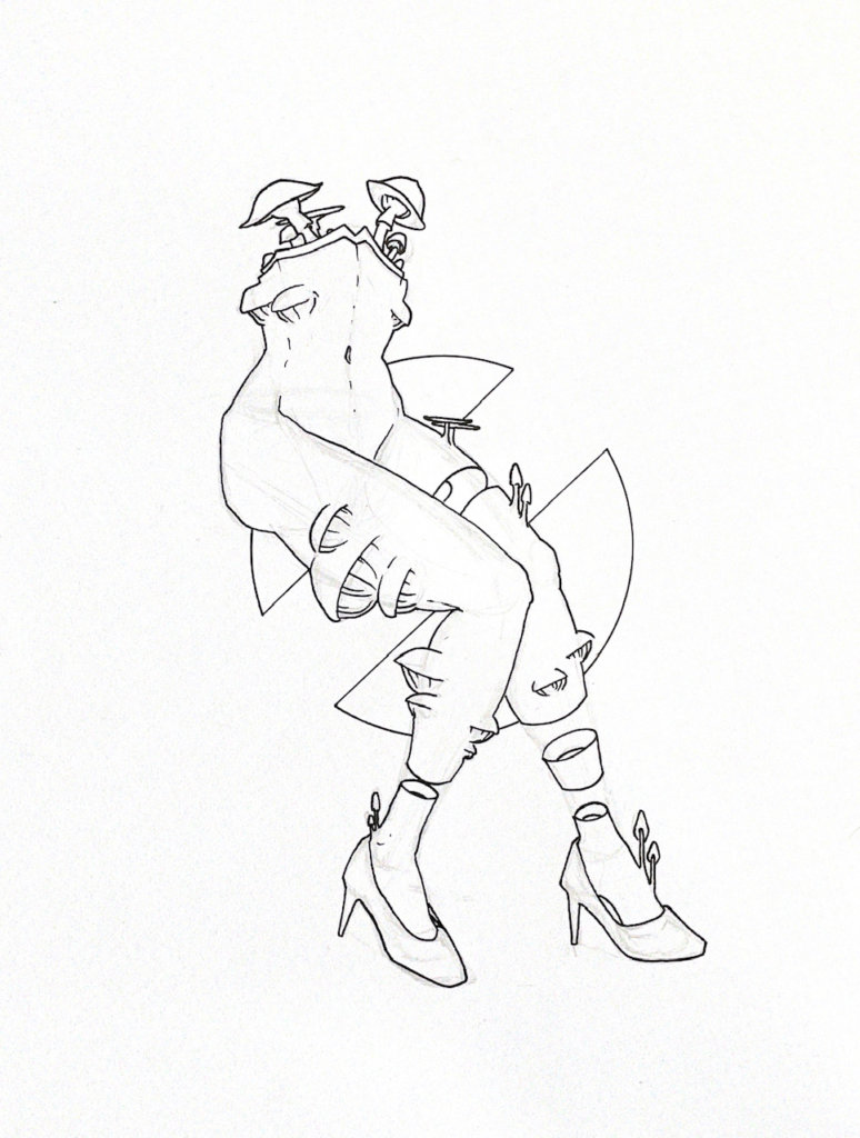 WIP illustration of a person from the waist down with mushrooms growing from their body